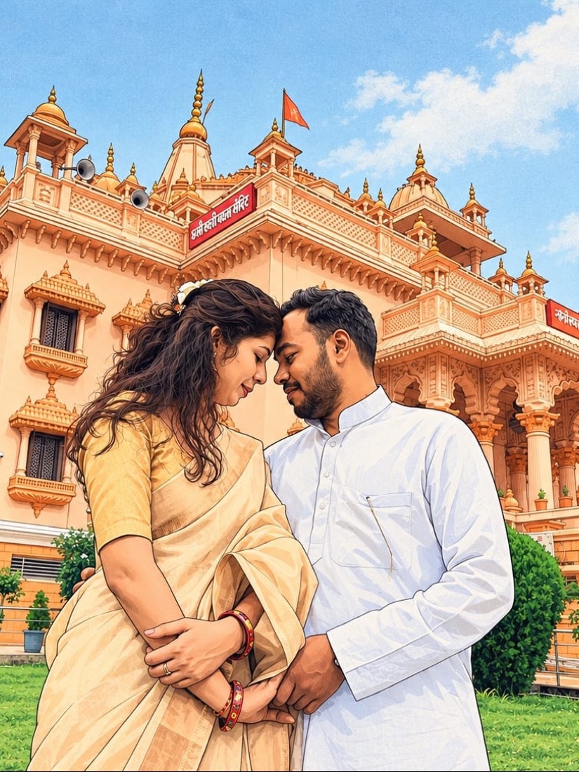 Suyash and Astha, foreheads touching, in front of a palace